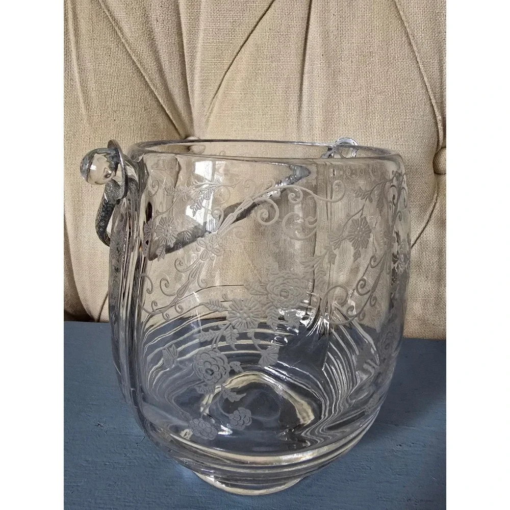 Vintage Depression Style Etched Floral Glass Ice Bucket With Metal Handle